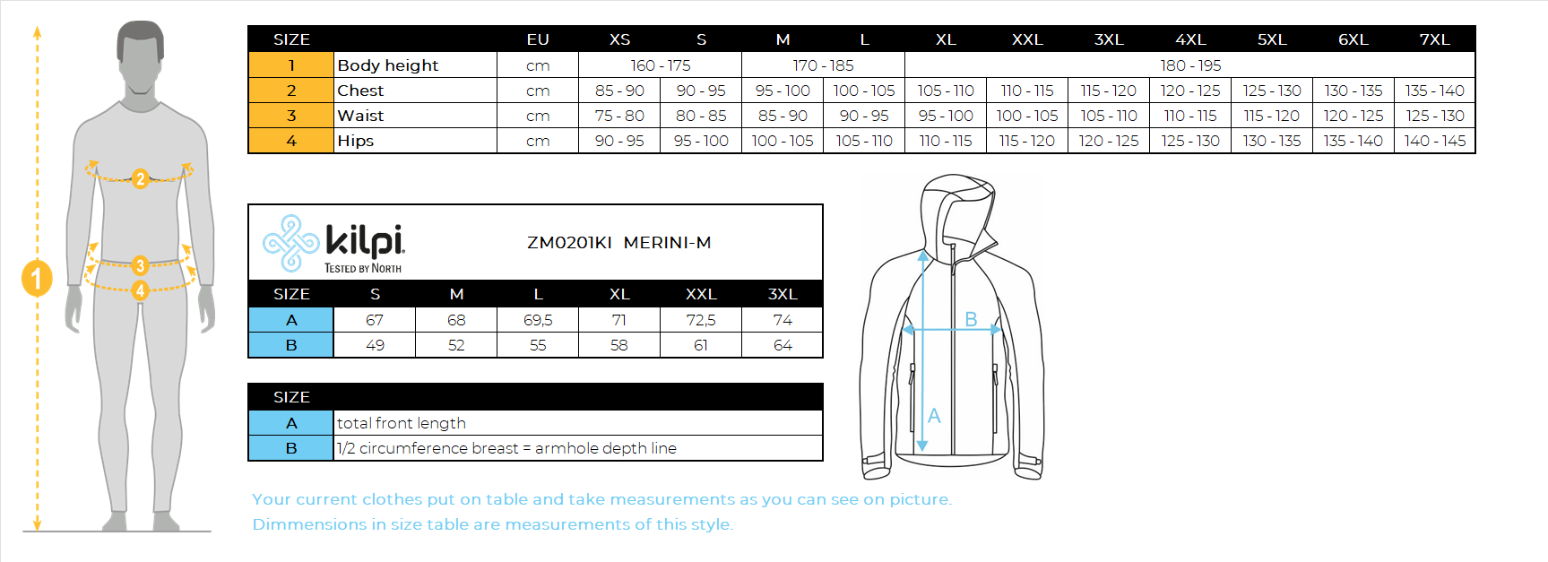 Men's merino sweater with hood Kilpi MERINI-M – Size chart