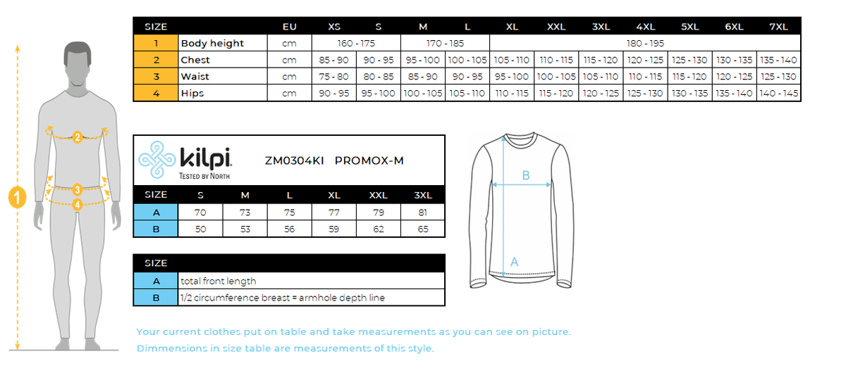 UOMOLa maglietta a maniche lunghe in cotone di Kilpi PROMOX-M – Size chart