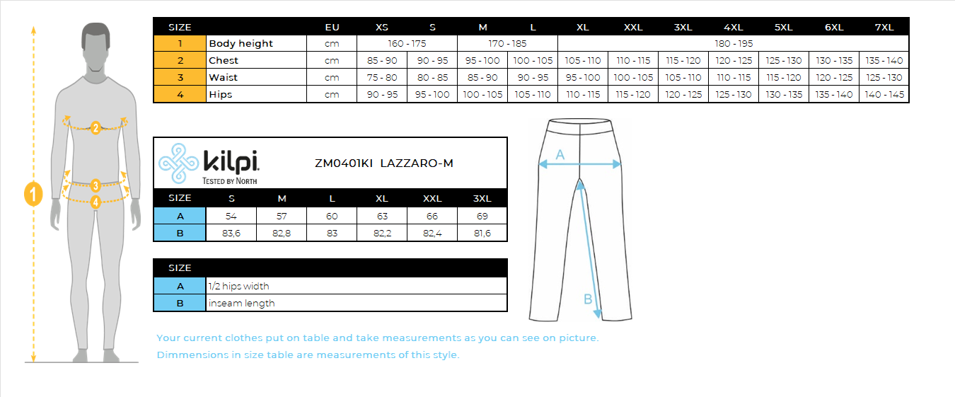 Men's membrane pants Kilpi LAZZARO-M – Size chart