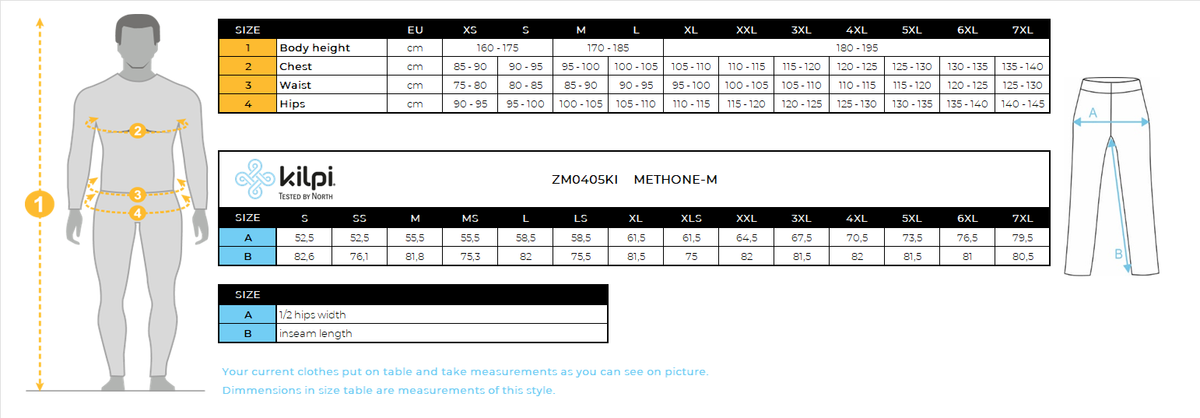 Men's ski pants Kilpi METHONE-M – Size chart