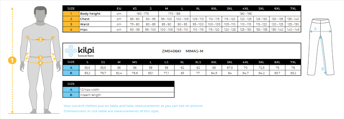 Men's ski pants Kilpi MIMAS-M – Size chart