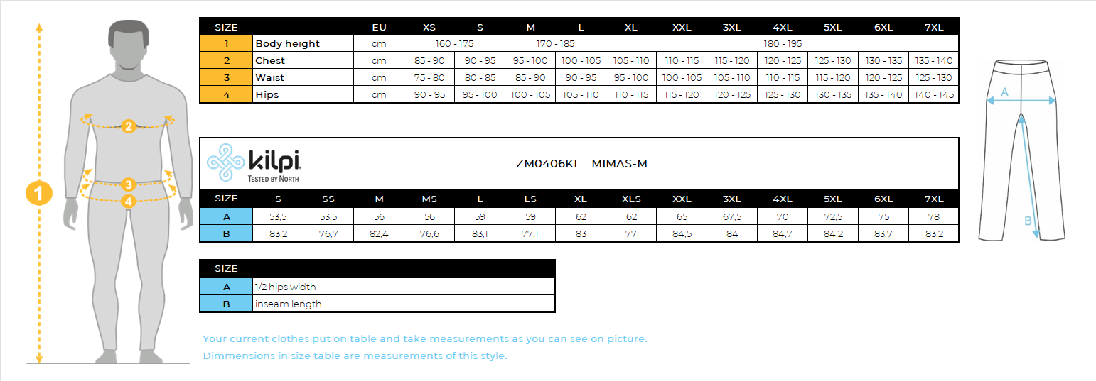 Men's ski pants Kilpi MIMAS-M – Size chart