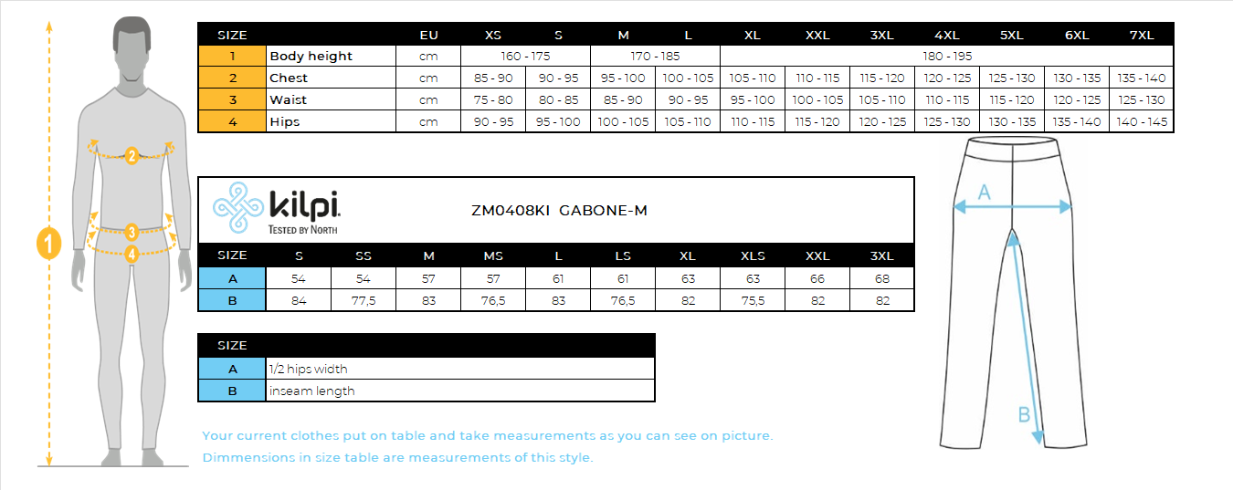 Men's ski pants Kilpi GABONE-M – Size chart
