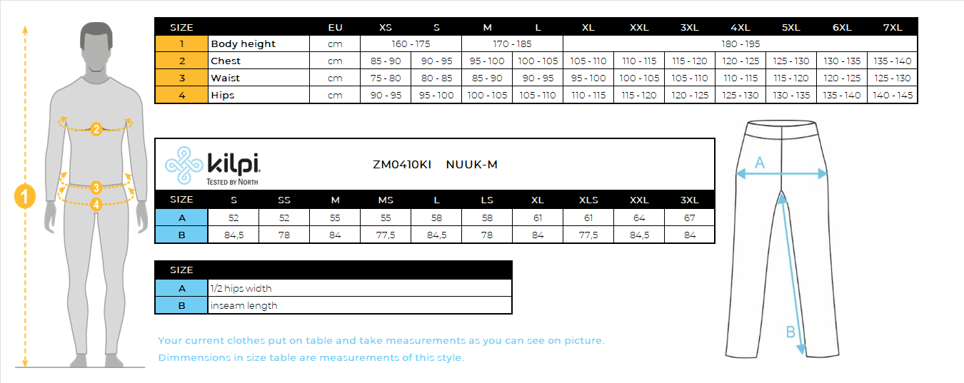 Men's outdoor pants Kilpi NUUK-M – Size chart