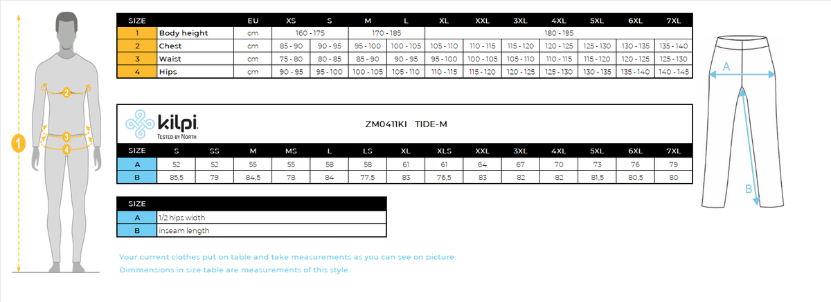 Men's outdoor pants Kilpi TIDE-M – Size chart