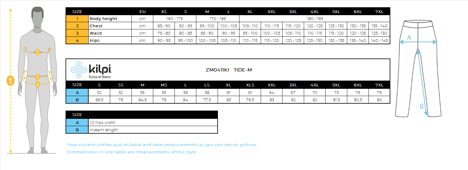 Men's outdoor pants Kilpi TIDE-M – Size chart