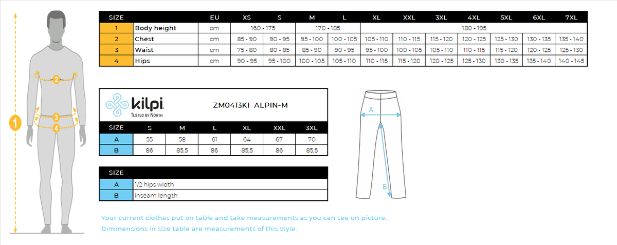 Men's waterproof hardshell pants Kilpi ALPIN-M – Size chart