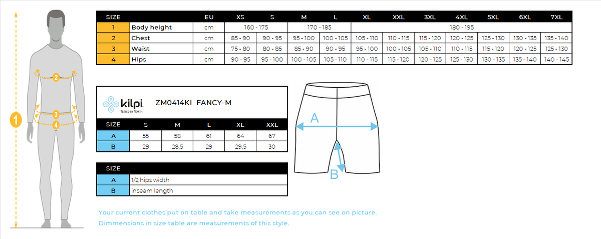 Men's insulated shorts Kilpi FANCY-M – Size chart