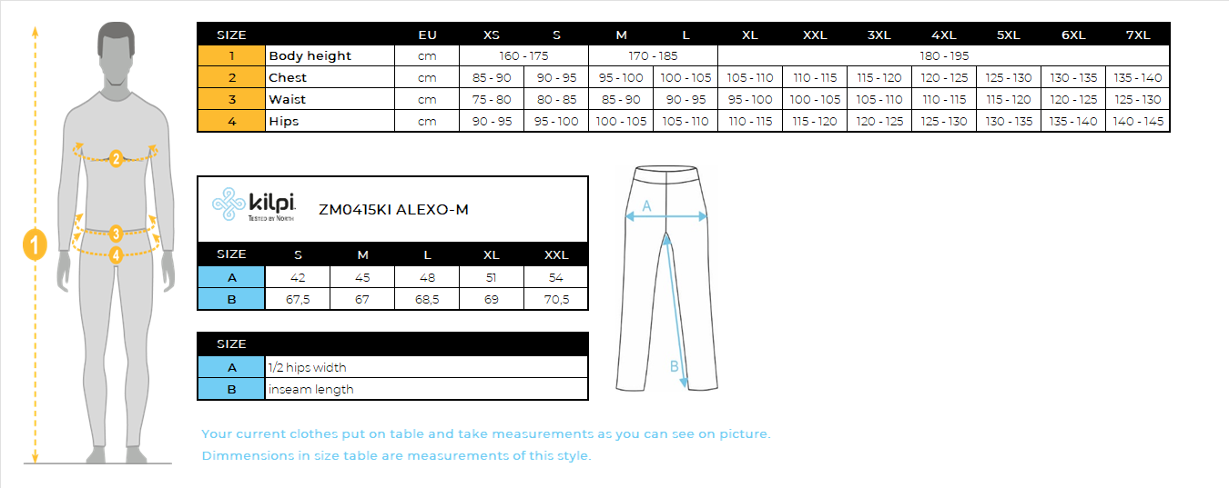 UOMOi leggings sportivi di Kilpi ALEXO-M – Size chart