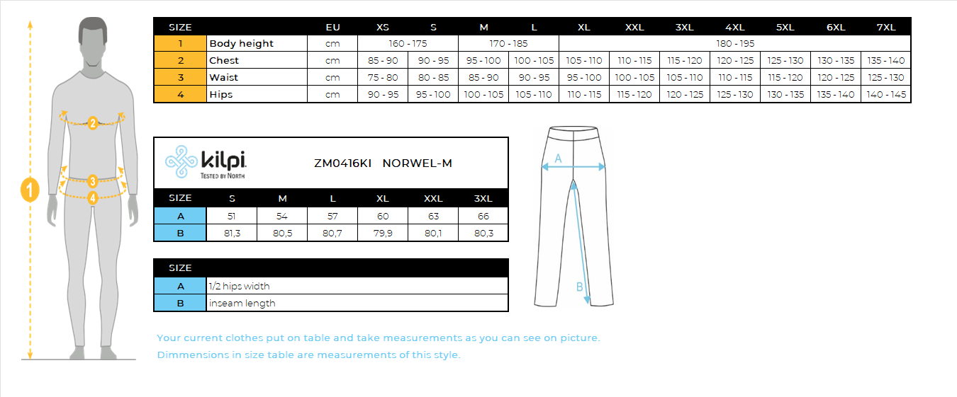 Men's running pants Kilpi NORWEL-M – Size chart