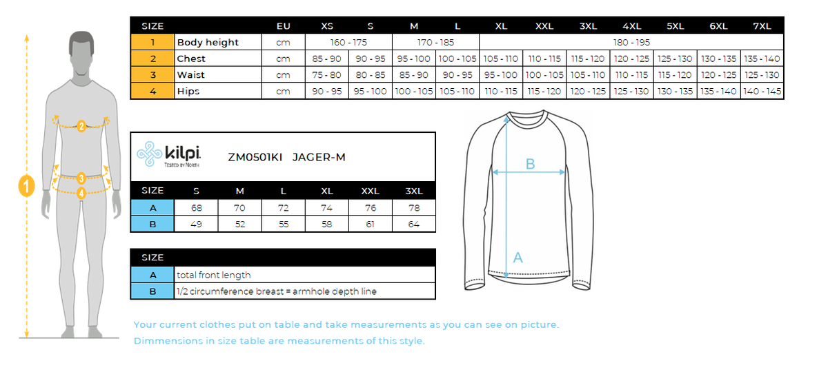 UOMOLa lana merino a maniche lunghe di base strato superiore Kilpi JAGER-M – Size chart