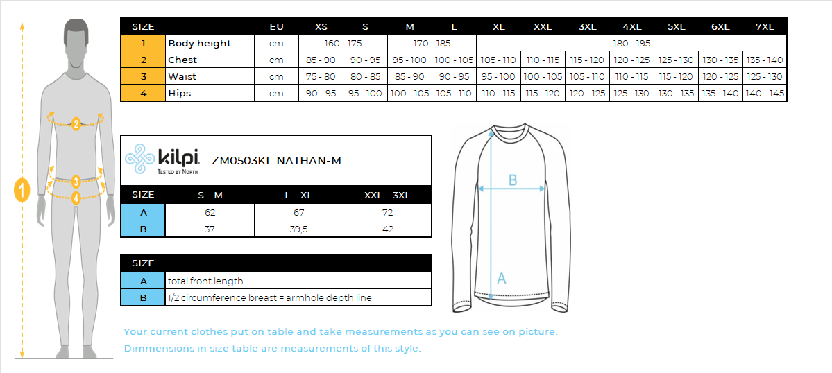 Men's seamless thermal long-sleeve T-shirt Kilpi NATHAN-M – Size chart