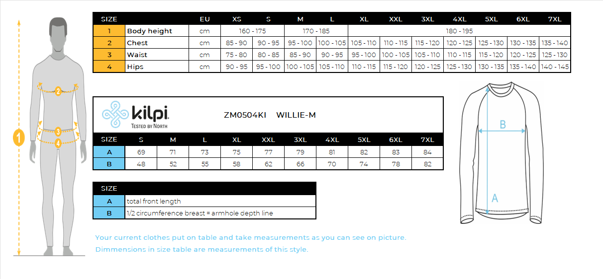Men's thermal long-sleeve T-shirt Kilpi WILLIE-M – Size chart