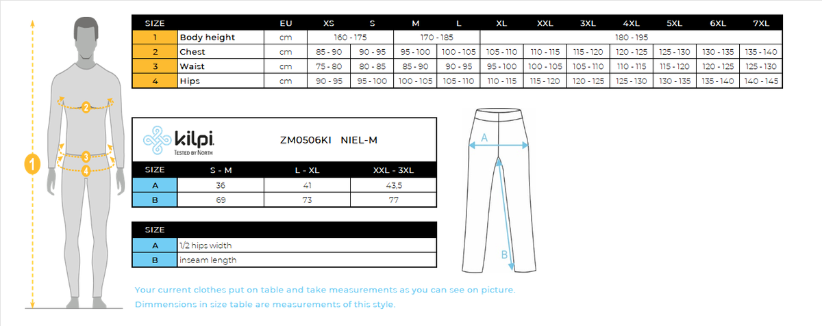 UOMOI pantaloni termici senza cuciture di Kilpi NIEL-M – Size chart