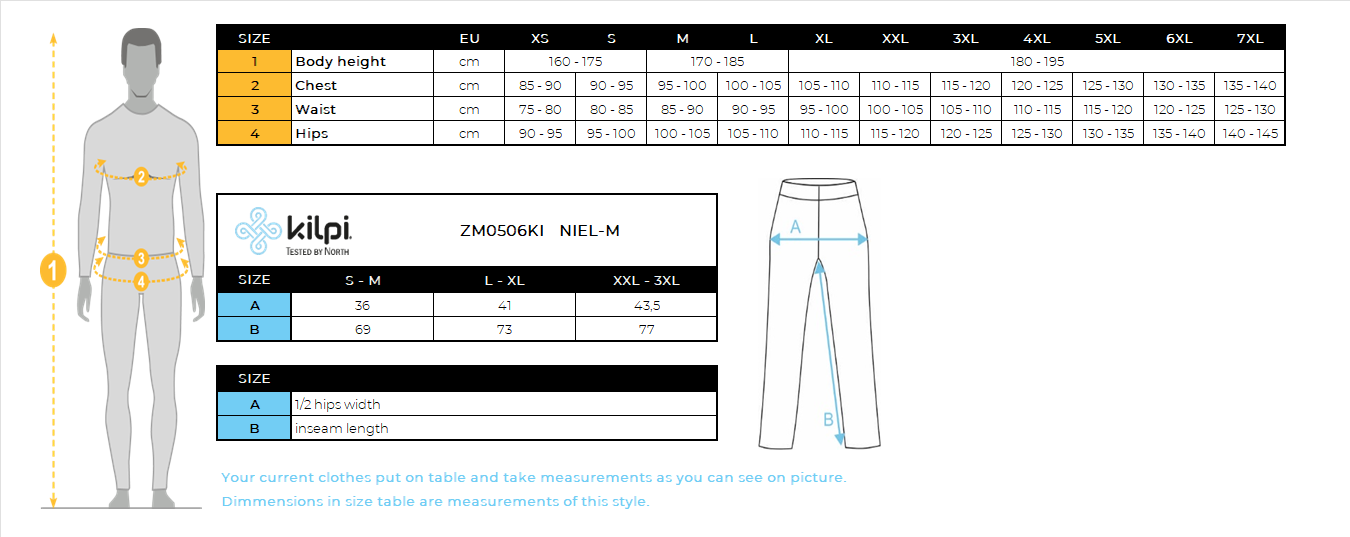 UOMOI pantaloni termici senza cuciture di Kilpi NIEL-M – Size chart