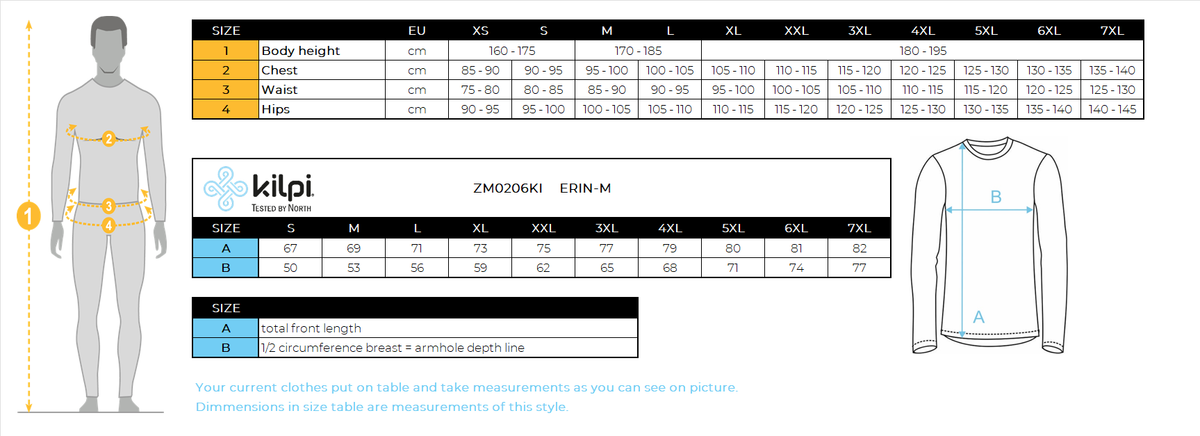 Men's fleece sweatshirt Kilpi ERIN-M – Size chart