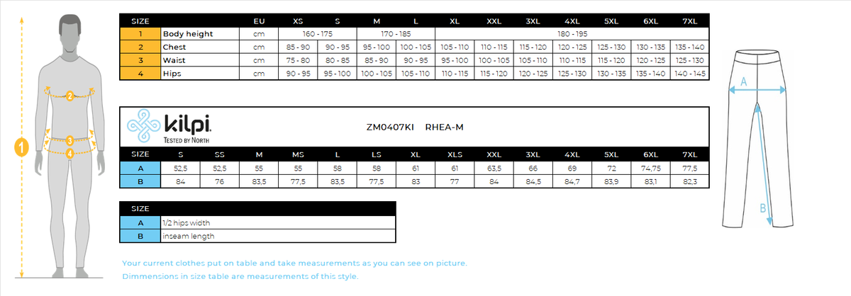 Men's softshell ski pants Kilpi RHEA-M – Size chart