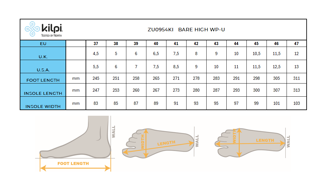 Unisex high outdoor barefoot shoes Kilpi BARE HIGH WP-U – Size chart